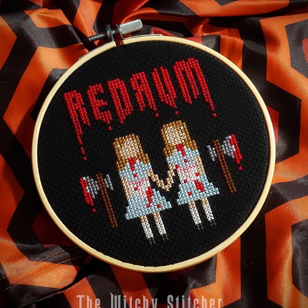 Redrum avec Grady Twins - Horror Cross Stitch Pattern - Movie, Halloween, Macabre, The Shining, Thriller, Serial Killer, Cult Classic