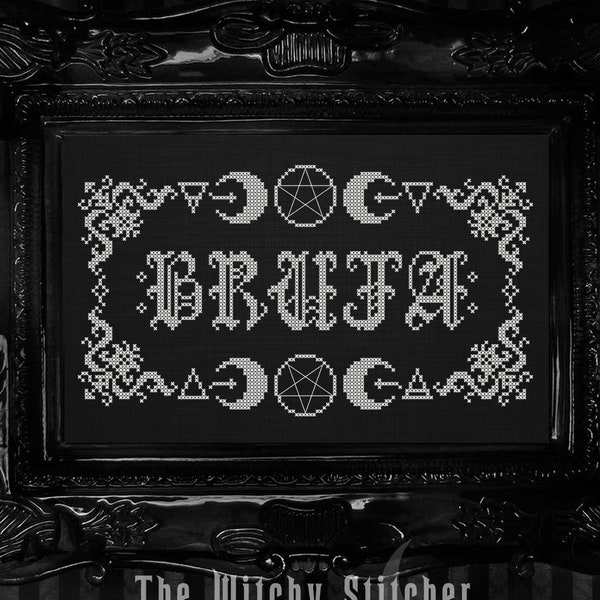 Bruja ~ Brujo ~ Cross Stitch Pattern - Witch, Witchcraft, Pagan, Wicca, Wiccan, Gothic, Occult, Elements, Pentacle, Moons, Monochrome