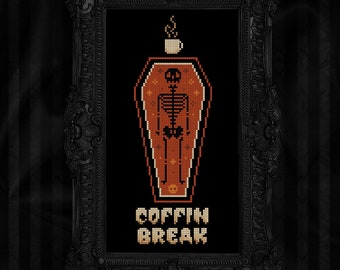 Coffin Break - Cross Stitch Pattern - Coffee, Tea, Halloween, Modern, Funny, Gothic, Casket, Skeleton