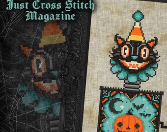 May include: A cross stitch pattern featuring a black cat jack-in-the-box with a teal ruffled collar and orange party hat. The box displays a pumpkin, moon, and bats. Text reads: As seen in Just Cross Stitch Magazine and The Witchy Stitcher.