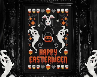 Happy Easterween - Halloween Easter Cross Stitch Pattern - Bunny Ghost, Rabbit, Spooky, Candy Corn Eggs, Bats, Spiders, Gothic, Cute, Funny
