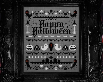 Spooky Halloween Sampler - Cross Stitch Pattern - Gothic, Ghosts, Ouija, Tombstones, Skulls, Witch, Pumpkins, Bats, Occult, Coffin