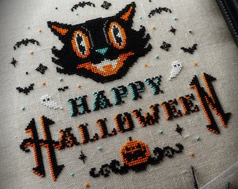 Vintage Happy Halloween - Cross Stitch Pattern - Cat, Beistle, Pumpkin, Bats, Ghosts, Primitive, Gothic, Retro, Spooky, DMC Etoile