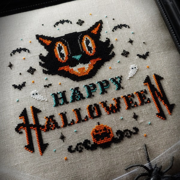 Vintage Happy Halloween - Cross Stitch Pattern - Cat, Beistle, Pumpkin, Bats, Ghosts, Primitive, Gothic, Retro, Spooky, DMC Etoile