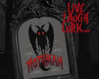 Mothman - Cross Stitch Pattern - Cryptid, Point Pleasant, Moth, Creepy, Cryptozoology, Lurk, Lamp, Buns of Steel, Gothic, Spooky