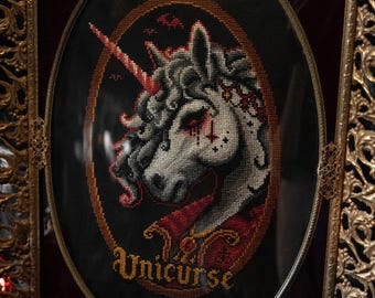 Unicurse - Cross Stitch Pattern - Unicorn, Vampire, Gothic, Bats, Moon, Vintage, Antique, Victorian, Dracula