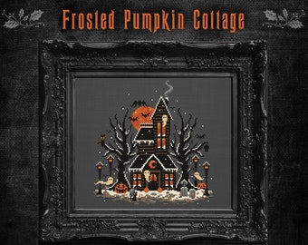 Frosted Pumpkin Cottage - Cross Stitch Pattern - Creepy, Forest, Pumpkin, Bats, Ghosts, Gothic, Retro, Spooky, Witch Cabin, Snow, Winter