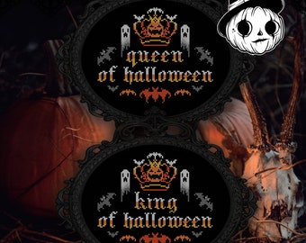 Queen / King of Halloween - Cross Stitch Pattern ~ Gothic, Hallowqueen, Hallowking, Spooky, Creepy, Pumpkin, Crown