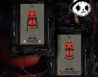 Trick and Treat Pumpkins - Cross Stitch Pattern Set ~ Vintage Halloween, Gothic, Good and Evil, Halloween, Spooky, Creepy, Evil, Candy