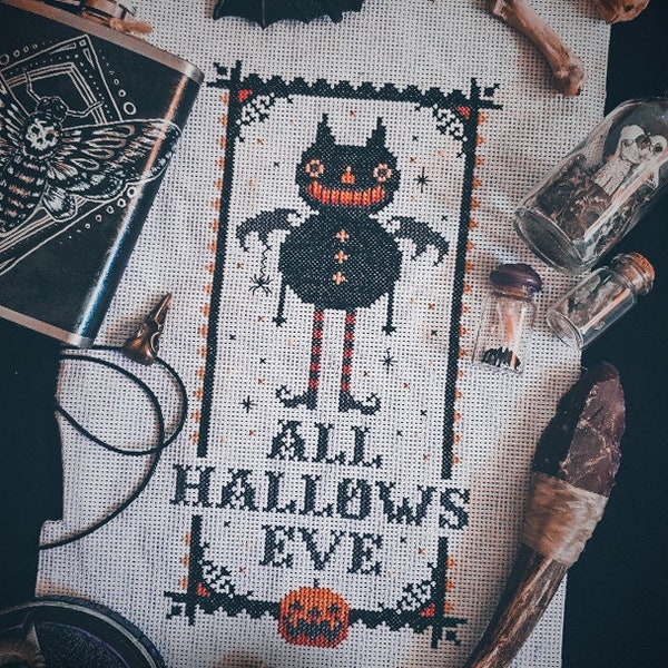 All Hallows Bat - Vintage Halloween - Cross Stitch Pattern - Bat, Beistle, Pumpkin, Primitive, Gothic, Retro, Spooky, All Hallows Eve