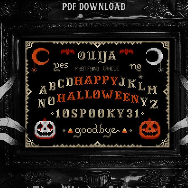 Ouija - Happy Halloween - Occult Cross Stitch Pattern ~ Primitive, Horror, Macabre, Modern, Gothic, Witchy, Spooky, Unique, Vintage