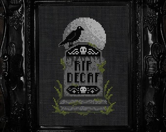 RIP Decaf - Cross Stitch Pattern - Coffee, Tea, Raven, Spirits, Gothic, Halloween, Grave, Witch, Tombstone, Moon