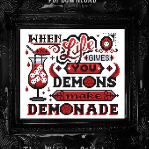 When Life Gives You Demons Make Demonade ~ Occult Cross Stitch Pattern ~ funny, gothic, rude, subversive, modern, lemons, lemonade