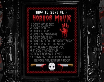 How To Survive A Horror Movie - Horror Cross Stitch Pattern - Gothic, Slasher, Funny, Rules, Modern, Subversive, Halloween