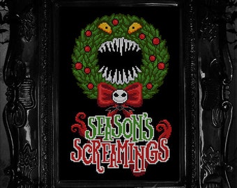 Season's Screamings - Cross Stitch Pattern - Nightmare Christmas - Modern, Macabre, Gothic, Halloween, Jack, Wreath