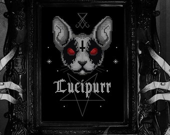 Lucipurr - Patrón de punto de cruz oculto - Gótico, Divertido, Moderno, Black Metal, Gato, Gatito, Bruja, Lucifer, Satán