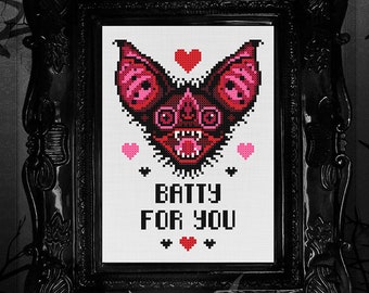 Batty For You ~ Cross Stitch Pattern - Love, Valentine's Day, Spooky, Gothic, Cute, Wedding, Anniversary, Halloween, Bats, Valloween