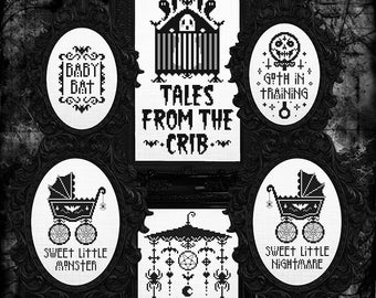 Gothic Nursery Bundle - Cross Stitch Pattern Set - Baby, Decor, Child, Birth Announcement, Spooky, Occult, Bats, Tales From The Crib, Skulls