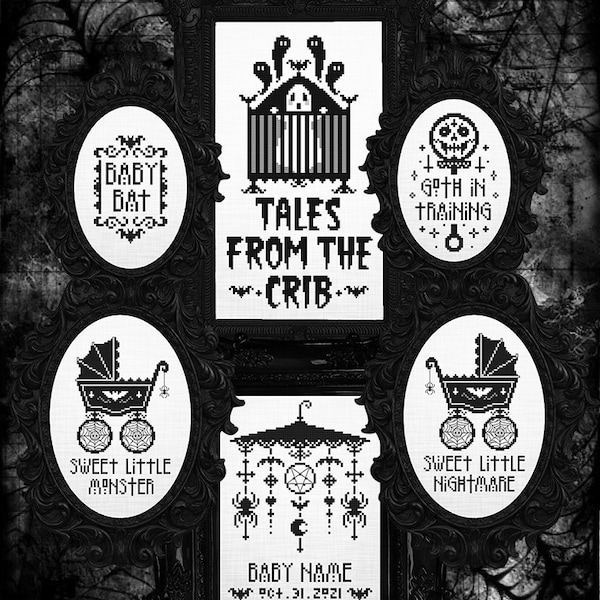 Gothic Nursery Bundle - Cross Stitch Pattern Set - Baby, Decor, Child, Birth Announcement, Spooky, Occult, Bats, Tales From The Crib, Skulls