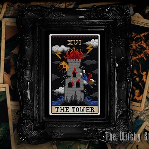 La Torre ~ Tarot ~ Patrón de punto de cruz ~ Místico, Arcanos mayores, Transformación, Agitación, Caos, Miedo al cambio, Gótico, Brujería