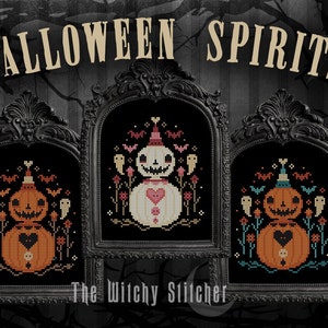 Valloween Spirits ~ Cross Stitch Pattern - Love, Valentine's Day, Halloween, Pumpkin, Bats, Ghosts, Spooky, Cute, Creepy