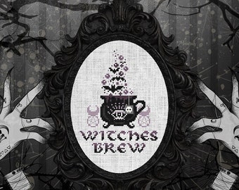 Witches Brew - Cross Stitch Pattern - Coffee, Tea, Cauldron Mug, Spirits, Gothic, Halloween, Bats, Witch, Horned God