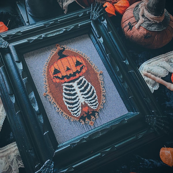 Halloween Mourning - Kürbis Brustkorb Skelett ~ Kreuzstich Muster - Gothic, Victorian, Verziert, Vintage, Parlour, Spooky, Creepy, Vintage
