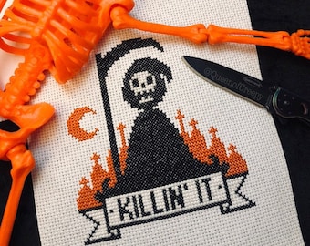 Killin It - Grim Reaper Gothic Cross Stitch Pattern - Modern, Funny, Macabre, Gothic, Halloween, Occult