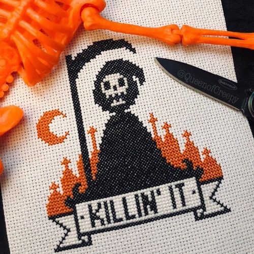 Killin It - Grim Reaper Gothic Cross Stitch Pattern - Modern, Funny, Macabre, Gothic, Halloween, Occult