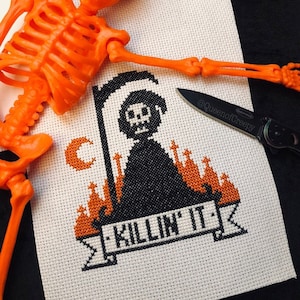 Killin It - Grim Reaper Gothic Cross Stitch Pattern - Modern, Funny, Macabre, Gothic, Halloween, Occult