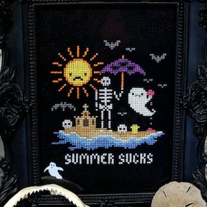 Summer Sucks - Cross Stitch Pattern - Gothic, Ghost, Funny, Pastel, Skeleton Beach, Goth Summer, Halloween Summer, Cute, Small, Bats