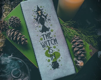 The Witch Is In - Cross Stitch Pattern ~ Wiccan, Witchy, Cauldron, Door Hanger, Gothic, DIY, Witchcraft, Spells, Skulls, Spooky, Cute