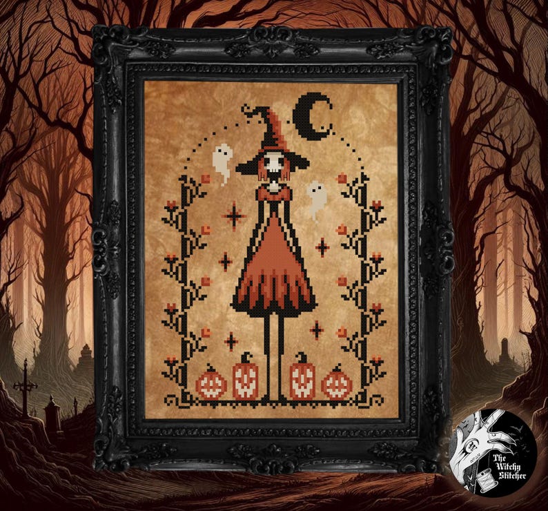 May include: Framed cross-stitch art featuring a witch in a tall hat and dress, surrounded by ghosts, pumpkins, and a crescent moon. The artwork is in shades of orange, black, and white, set against a tan background, and framed in a black ornate frame.