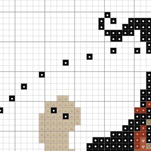 May include: Cross-stitch pattern featuring a whimsical design. The pattern includes a witch's hat in black and brown, a small figure, and a trail of black squares. The design is set against a white grid background.