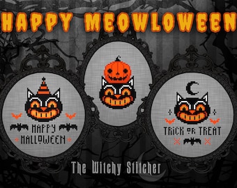 Happy Meowloween Set - Vintage Halloween - Cross Stitch Pattern - Cat, Beistle, Pumpkin, Primitive, Gothic, Retro, Spooky, Ornament, Trick