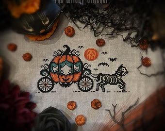 Vintage Pumpkin Carriage - Cross Stitch Pattern - Creepy, Beistle, Pumpkin, Bats, Ghosts, Primitive, Gothic, Retro, Spooky, Skeleton Horse