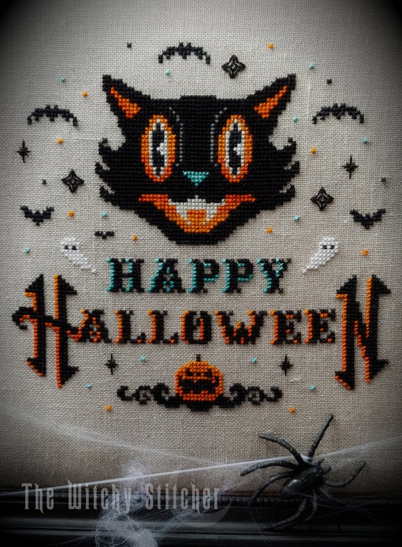 ヴィンテージ ハッピー ハロウィン - クロスステッチ パターン - 猫 