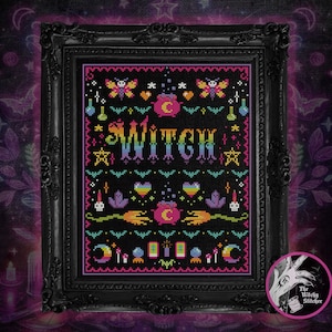 Neon Goth Witch Sampler - Cross Stitch Pattern - Retro, 90&#39;s, Vintage, Rainbow,, Colourful, Weird, Bizarre, Nostalgia, Tarot, Esoteric