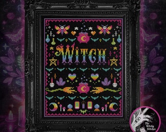 Neon Goth Witch Sampler - Cross Stitch Pattern - Retro, 90's, Vintage, Rainbow,, Colourful, Weird, Bizarre, Nostalgia, Tarot, Esoteric