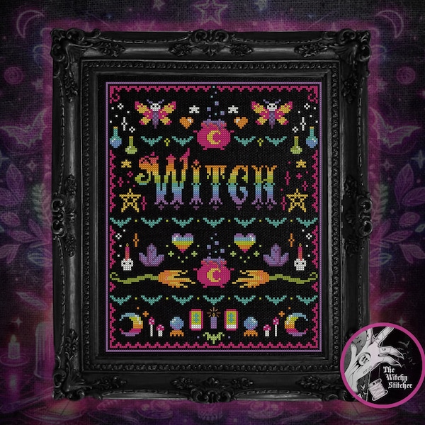 Neon Goth Witch Sampler - Cross Stitch Pattern - Retro, 90's, Vintage, Rainbow,, Colourful, Weird, Bizarre, Nostalgia, Tarot, Esoteric