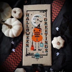 Vintage Pumpkin Witch Halloween Greetings Cross Stitch Pattern Beistle, Moon, Primitive, Gothic, Retro, Spooky, Cute, Etoile image 2