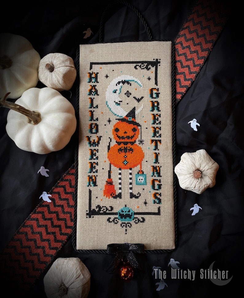 Vintage Pumpkin Witch Halloween Greetings Cross Stitch Pattern Beistle, Moon, Primitive, Gothic, Retro, Spooky, Cute, Etoile image 2