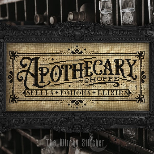 Apothecary Shoppe Sign - Cross Stitch Pattern - Shop, Sign, Witchy, Witch Aesthetic, Gothic, Halloween, Vintage, Herbs, Potions, Spells