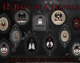 12 Days of Creepmas - Cross Stitch Pattern ~ Yule, Gothmas, Jack Frost, Mothman, Creepy Christmas, Spooky, Candy, Ornaments, Hexmas