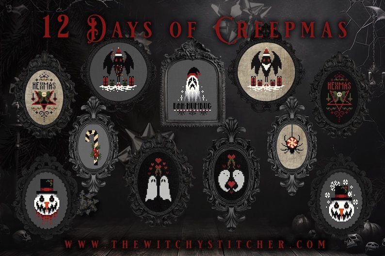 Puede incluir: Doce patrones de punto de cruz "Twelve Days of Creepmas" en marcos negros con detalles rojos y blancos. Los patrones incluyen un mu&ntilde;eco de nieve, un fantasma, una ara&ntilde;a, un bast&oacute;n de caramelo y un cuervo.
