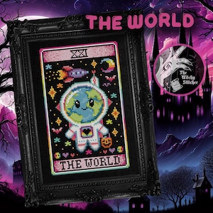 The World - Nostalgic Tarot - Cross Stitch Pattern - Retro, 90&#39;s, Vintage, Rainbow, Colourful, Weird, Nostalgia, Esoteric, Occult, Gothic