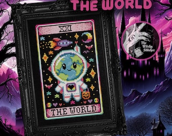The World - Nostalgic Tarot - Cross Stitch Pattern - Retro, 90's, Vintage, Rainbow, Colourful, Weird, Nostalgia, Esoteric, Occult, Gothic