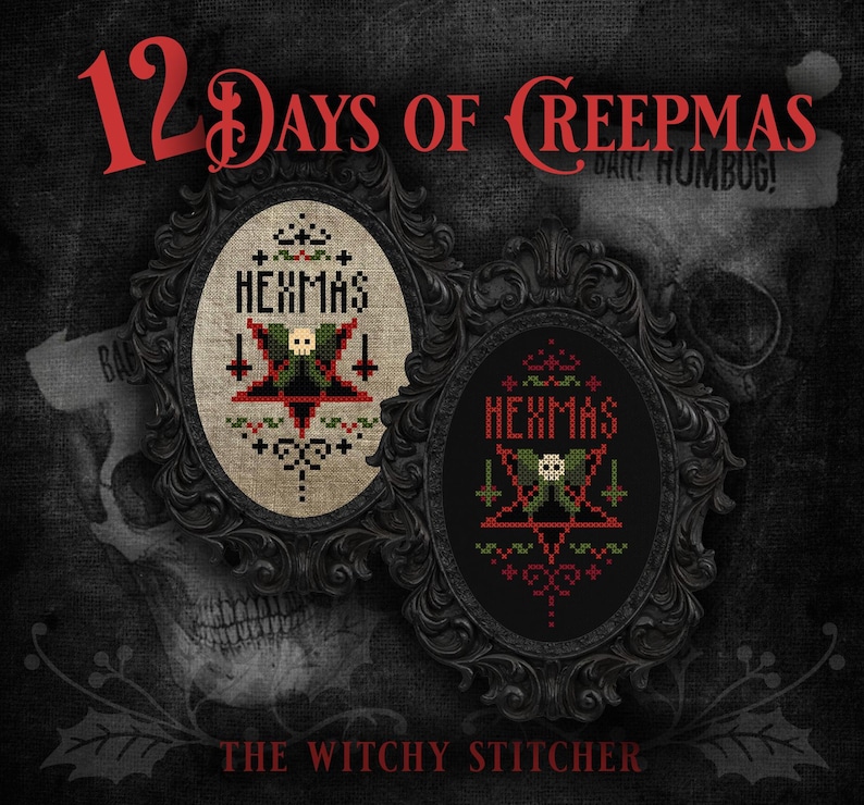 Puede incluir: Dos patrones de punto de cruz enmarcados en negro con el texto "HEXMAS" en rojo y blanco. El fondo es una superficie oscura y texturizada con una calavera y acebo.