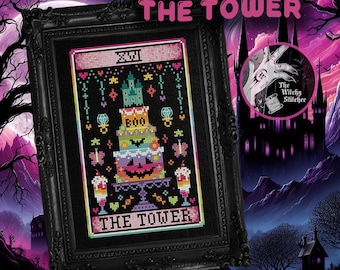 May include: A framed cross-stitch artwork titled THE TOWER, featuring a three-tiered cake with a jack-o'-lantern base, a middle layer with bats, and a top layer with a castle. The design includes diamond rings, butterflies, and sundaes.