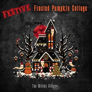 May include: A pixelated cross-stitch pattern of a frosted pumpkin cottage decorated for Christmas. The cottage is black with white trim and has a red roof. There are two pumpkins in front of the cottage, a snowman, and a Christmas tree. The text "FESTIVE Frosted Pumpkin Cottage" is at the top of the image, and the text "The Witchy Stitcher" is at the bottom.